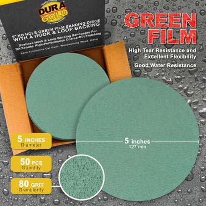 Dura-Gold 5" Green Film Sanding Discs, 80 Grit, Box of 50, Hook & Loop - size: 80-Grit