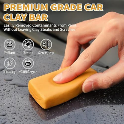 Car Clay Bar Kit - 4 Bars with Clay Luber Lubricant Spray & Applicator Grip - Professional Auto Detailing to Remove Contaminants, Restore Smooth Finish for Paint, Glass, Wheels & Plastic