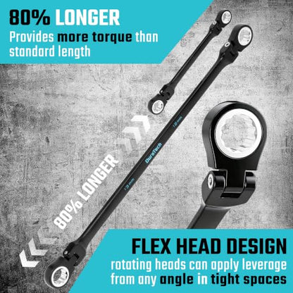 DURATECH Extra Long Flex-Head Ratcheting Wrench Set, 6-Piece, Metric - size: 8-19mm, Black