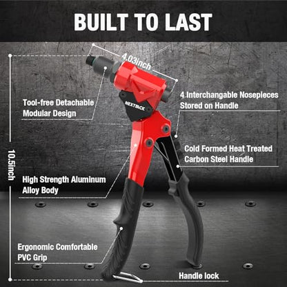 NEXTACK HD Pop Rivet Gun Tool Kit, 4 Drill Bits & 200 Blind Rivets - size: Single Hand Rivet Gun w/200 rivets
