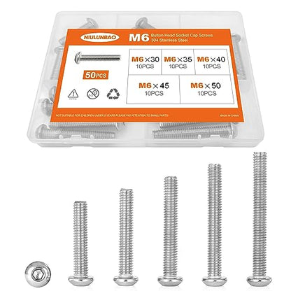 M6 x 30mm 35mm 40mm 45mm 50mm Button Head Socket Cap Screws Bolts 304 Stainless Steel Metric Allen Hex Drive, Machine Fully Threaded, Assortment Kit 50PCS - size: M6 x 30/35/40/45/50mm (50PCS)