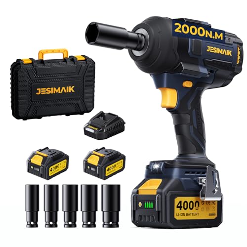 JESIMAIK Cordless Impact Wrench, 1475Ft-lbs (2000N.m) 1/2" Brushless High Torque Impact Wrench with 2×4.0Ah Batteries, Impact Gun with 4 Impact Modes & 5 Sockets for Truck RV Car Heavy Construction - color: Dark Blue