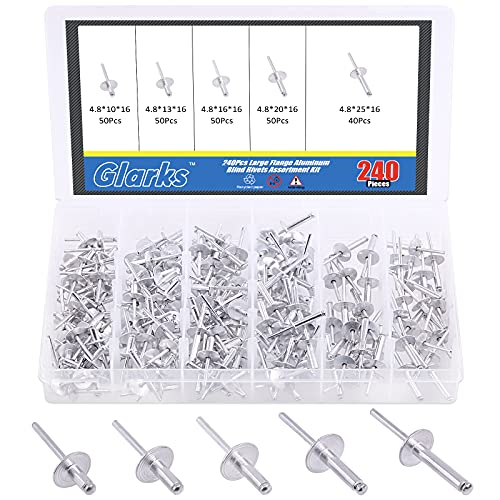 Glarks 240Pcs 3/16" x 3/8'' / 1/2'' / 5/8'' / 3/4'' / 1'' Large Flange Blind Rivets 5 Szie Aluminum Pop Rivets Assortment Set