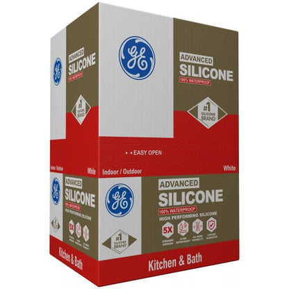 GE Advanced Silicone Caulk for Kitchen & Bathroom, White, 10 fl oz Cartridge, 12 Pack - 100% Waterproof Silicone Sealant, 5X Stronger Adhesion, Shrink & Crack Proof - size: Pack of 12, style: White