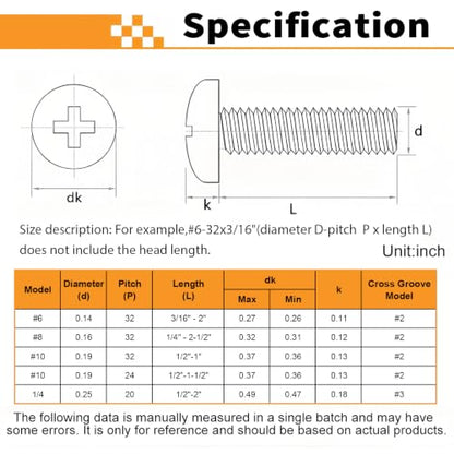 100PCS #6-32 x 1/2" Machine Screws, Phillips Pan Head, 304 Stainless Steel - size: 6#-32 x 1/2"