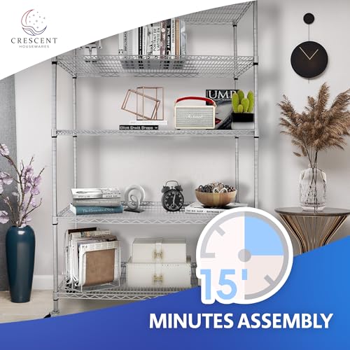 4000 LBS Heavy Duty Wire Rack, 48 x 24 x 76, 5-Tier NSF Commercial Rolling Rack with 4" Industrial Casters, Chrome Metal Wire Shelving for Garage, Kitchen, Adjustable Storage Shelf, Crescent