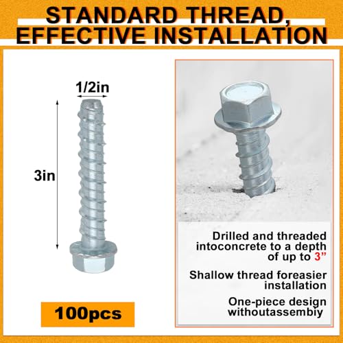 Hicarer 100 Pack 1/2 x 3 Inch Concrete Screws Galvanized for Anchoring - size: 1/2" X 3"