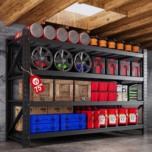 75” Wide Heavy Duty Metal Garage Shelving, Adjustable Storage Shelf - color: Matte Black, size: 75"Wx24"Dx70"H
