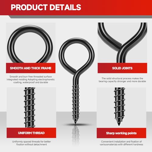 3.3 inch Eye Bolts - 20 Pcs Eyes Hooks Screw Heavy Duty 300 lbs Breaking Strength Black Rust-Resistant, Screw for Hanging Plant, Fixed Cablees, Indoor & Outdoor Use - size: 3.3" 20Pcs