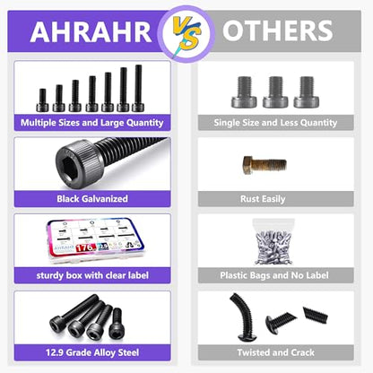 176PCS M6 Hex Socket Head Cap Screws Assortment Kit, 12.9 Grade Alloy Steel Black Zinc Plated M6x8/10/12/16/20/25/30/35mm Bolts Nuts Washers Set, Anti Rust Hardware for 3D Printer DIY Machinery Repair - size: M6 176pcs
