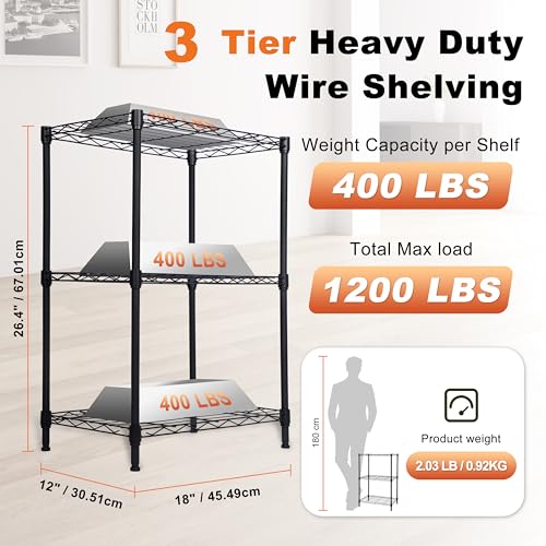 Whitmor 3 Tier Storage Shelves, Heavy Duty Metal Shelving, 400 lbs Capacity per Shelf, 1200 lbs Total, Easy Assembly for Kitchen, Garage, Plant, 18" L x 12" W x 26.4" H, Black - color: Black, size: 3-TIER, 18"L x 12"W x 26"H