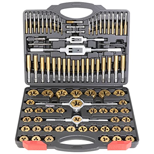 Die and Tap Set in SAE and Metric, Hex Threading Dies for External Threads, Thread Tap for Internal Threads, Thread Wrench, Thread Pitch Gauge, 86 Pieces Gauge Kit for DIY Tapered