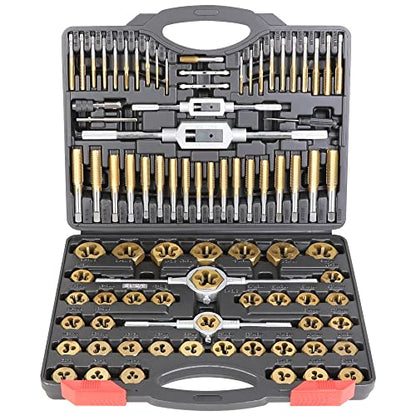 Die and Tap Set in SAE and Metric, Hex Threading Dies for External Threads, Thread Tap for Internal Threads, Thread Wrench, Thread Pitch Gauge, 86 Pieces Gauge Kit for DIY Tapered