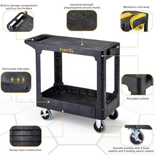 ELAFROS Heavy Duty Plastic Flat Top Utility Work Cart, 37 x 18.8 in, Black - color: Black, size: 2 fixed 2 swivel casters