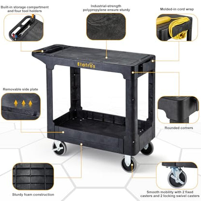 ELAFROS Heavy Duty Plastic Flat Top Utility Work Cart, 37 x 18.8 in, Black - color: Black, size: 2 fixed 2 swivel casters