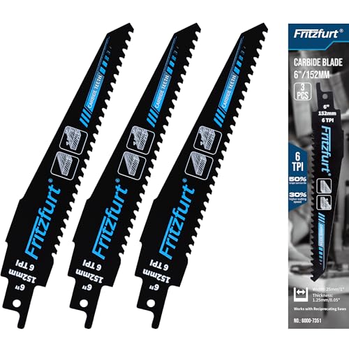 6" (152 mm) 6 TPI Carbide-Teeth Reciprocating Saw Blades – 3-Pack – Universal Shank, Durable & Fast Cuts for Nail-Embedded Wood/Wood with Screws - size: 3pcs 6" 6TPI