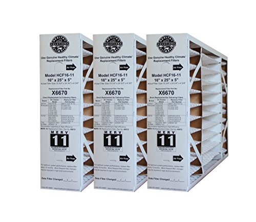 Lennox X6670 MERV 11 Box Replacement Filter also for Honeywell, 16" H x 25" L x 5" W (3-Pack)