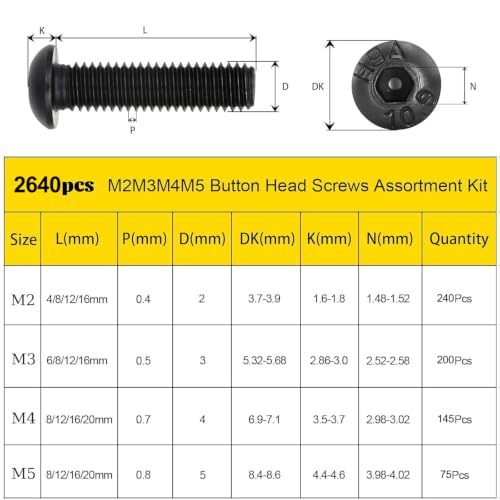 2640PCS M2 M3 M4 M5 Metric Socket Button Head Screws Assortment Kit - size: M2M3M4M5 2640pcs