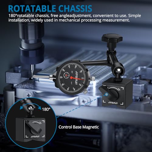 AUTOUTLET Dial Indicator with Magnetic Base, 0-1"/0.001" Magnetic Dial Indicator, 132lbs/60KG Max Pull Dial Gauge with Fine Adjustment Knob for 3D Printer, Lathe, CNC Machine, Workshop Use - size: 60