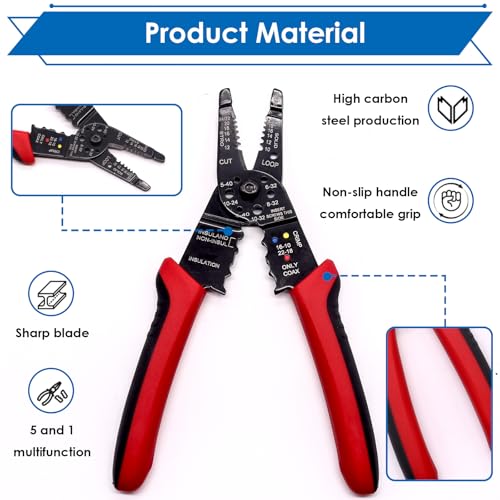 smseace Red Wire Crimping tool Wire crimper,stripper and cutter for insulated/Bare/Heat Shrink connectors(22-10 AWG) Multifunctional Cable Stripper and Crimping tool - color: Red&black