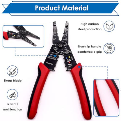 smseace Red Wire Crimping tool Wire crimper,stripper and cutter for insulated/Bare/Heat Shrink connectors(22-10 AWG) Multifunctional Cable Stripper and Crimping tool - color: Red&black