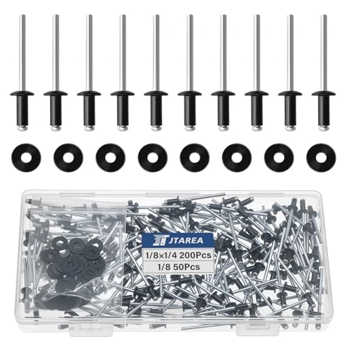250pcs 1/8" x 1/4" Black Aluminum Pop Rivets with Stainless Steel Washers 3.2 x 6.4mm Blind Rivet Assortment Kit - size: 1/8*1/4