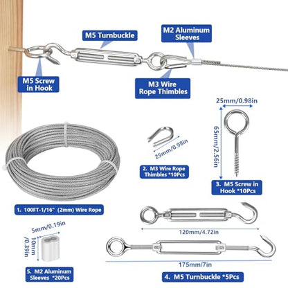 TooTaci Turnbuckle Wire Tensioner Kit, 100ft 1/16 Vinyl Coated Wire Rope - color: 30M+M5 Turnbuckle Wire Tensioner Kit