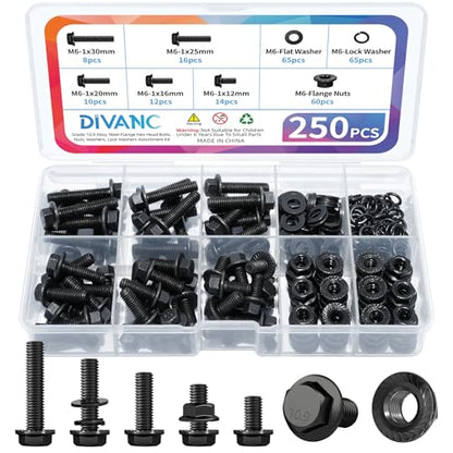 250PCS M6 Flange Hexagon Screws Serrated Flange Nuts Washers,M6-1.0 x 12/16/20/25/30mm Flanged Hex Head Bolts Assortment Kit, Alloy Steel Class 10.9 Black Zinc Plated (M6-1.0 Black) - size: M6-1.0 Black