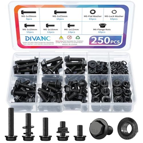 250PCS M6 Flange Hexagon Screws Serrated Flange Nuts Washers,M6-1.0 x 12/16/20/25/30mm Flanged Hex Head Bolts Assortment Kit, Alloy Steel Class 10.9 Black Zinc Plated (M6-1.0 Black) - size: M6-1.0 Black