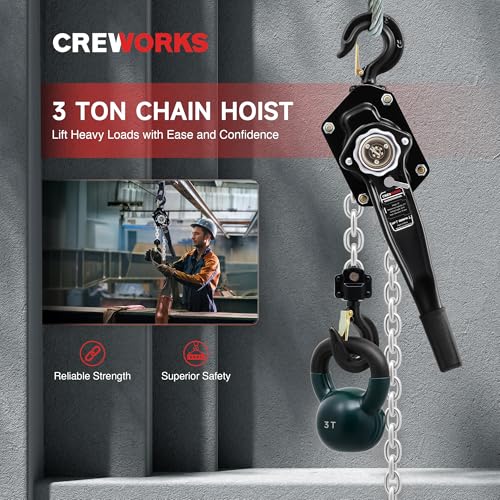 CREWORKS Lever Chain Hoist, 3 Ton 6600 lb Capacity 20 ft Manual Chain Hoist with G80 Galvanized Chain & Swivel Hooks, Heavy Duty Manual Lever Hoist for Construction Warehouse Automotive Factory - style: Lever hoist, 3 Ton, 20FT