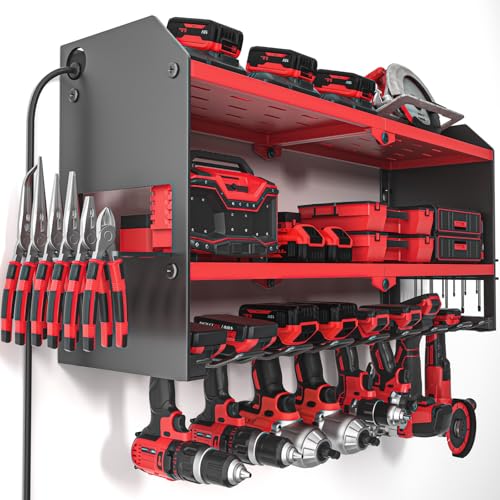 YYR Power Tool Organizer with Charging Station Wall Mount, Cordless Drill and Battery Holder for Garage Organization, Electric Tools Storage Rack Build in Surge Protection Power Strip - Red Shelf - color: Red, size: with Power Strip