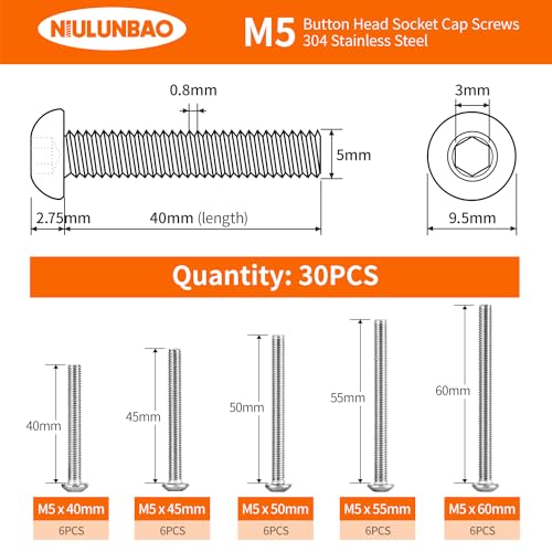 M5 x 40mm 45mm 50mm 55mm 60mm Button Head Socket Cap Screws Bolts 304 Stainless Steel Metric Machine Allen Hex Drive, Fully Threaded, Assortment Kit 30PCS - size: M5 x 40/45/50/55/60mm (30PCS)