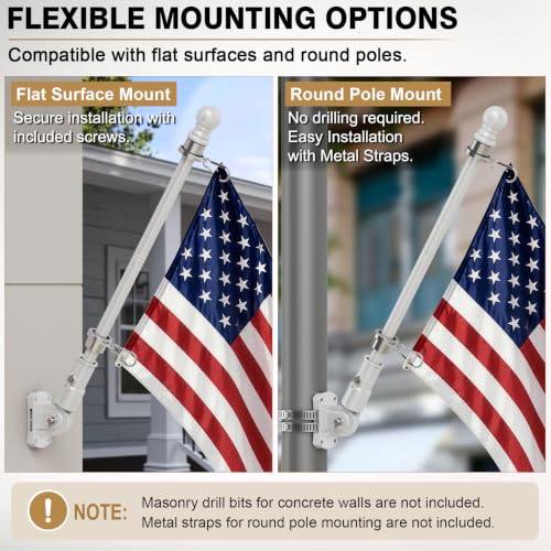 Heavy Duty Stainless Steel Flag Pole Kit - 180° Adjustable Bracket - color: White flag pole with bracket