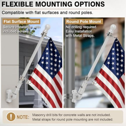 Heavy Duty Stainless Steel Flag Pole Kit - 180° Adjustable Bracket - color: White flag pole with bracket