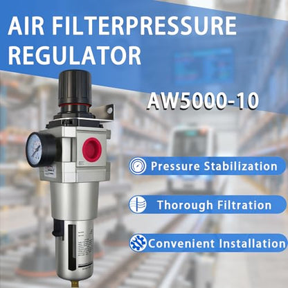 LTPC 1" NPT Compressed Air Filter Regulator Combo Piggyback, 5 Micron Brass Element, Poly Bowl, Semi-Auto Drain, Metal Bracket, 0-150 psi AW5000-10