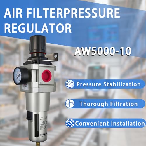 LTPC 1" NPT Compressed Air Filter Regulator Combo Piggyback, 5 Micron Brass Element, Poly Bowl, Semi-Auto Drain, Metal Bracket, 0-150 psi AW5000-10