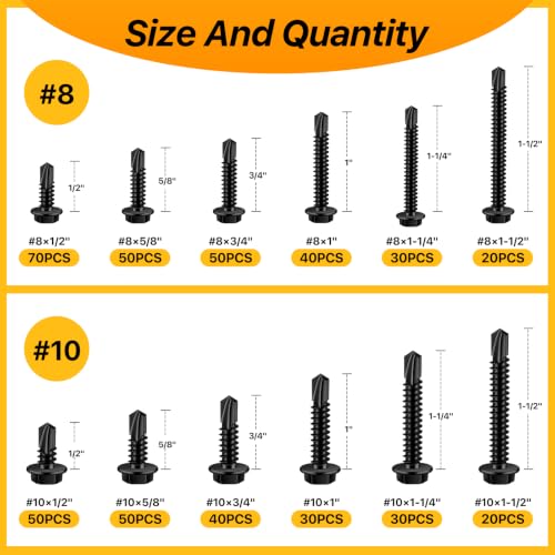 480PCS Hex Washer Head Self Drilling Screws (Black) - color: Black