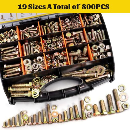 800PCS 1/4-20, 5/16-18, 3/8-16, 1/2-13 Hex Bolts & Nut Assortment Kit - size: 1/4-20 5/16-18 3/8-16 1/2-13 800pcs