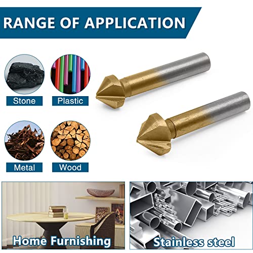 6 Pack 3 Flute 90 Degree Countersink Drill Bit Set, Titanium HSS Chamfering Tool Set Metric End Mill Cutter Bits, Deburring Chamfering Bit for Metal, Wood, Aluminum, Stainless Steel