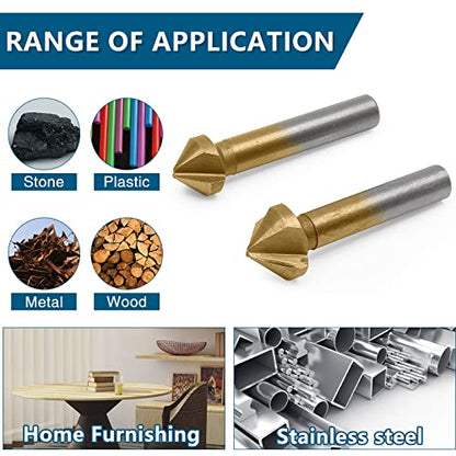 6 Pack 3 Flute 90 Degree Countersink Drill Bit Set, Titanium HSS Chamfering Tool Set Metric End Mill Cutter Bits, Deburring Chamfering Bit for Metal, Wood, Aluminum, Stainless Steel