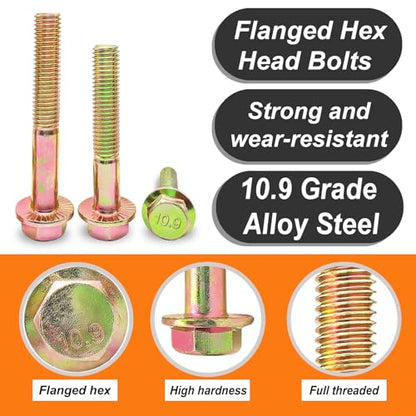 M8 x 65mm 10pcs Heavy Duty Flanged Hex Head Bolts, Flange Hexagon Head Screws, 10.9 Grade Alloy Steel, Yellow Zinc Plated, Metric Half Thread - size: M8 x 65mm(10pcs)