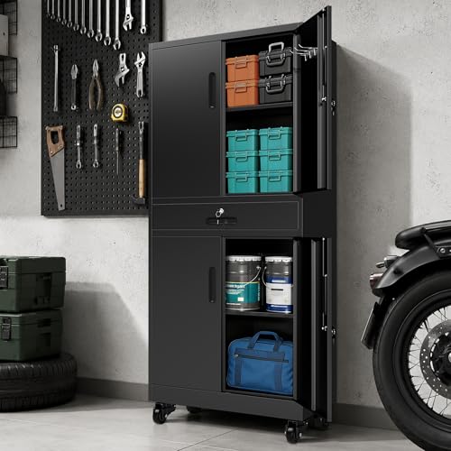 71'' Garage Storage Cabinet with Wheels,4 Locking Doors and 1 Drawer,Metal - color: Black, style: 71"H 2 doors 1 drawer with wheels