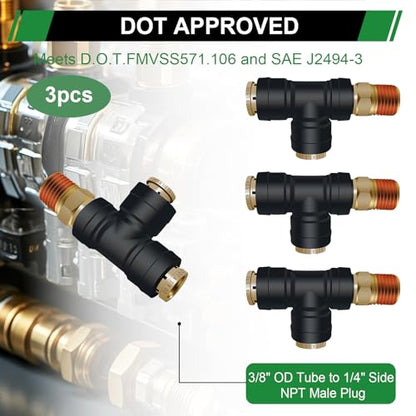 DOT Air Brake Line Tee Fittings 3PCS, 3/8" OD × 1/4" Side NPT - color: 3/8" * 3/8" * 1/4" Side NPT 3PCS
