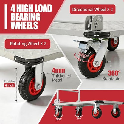 Heavy Duty 1800LBS Steel Platform Truck Cart – 36"x24" Flatbed Push Cart, 6" Swivel Wheels & Brakes, Collapsible Handle, Utility Dolly for Warehouse & Garage – Silver + Orange Wheels