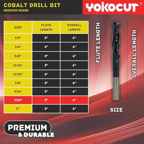 7/16 Inch Cobalt Drill Bit | Reduced Shank High Speed Steel | Drill Bit for Stainless Steel and Hardened Metal | HSS M35 Titanium Aluminum Nitride Coating with 1/2" Shank - size: 7/16 Inch