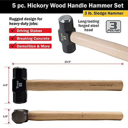 Titan 85070 5-Piece Hammer Set, Includes 16oz & 32oz Ball Pein, 16oz Rubber Mallet, 3lb Sledgehammer & 3lb Cross Pein with Hickory Wood Handles