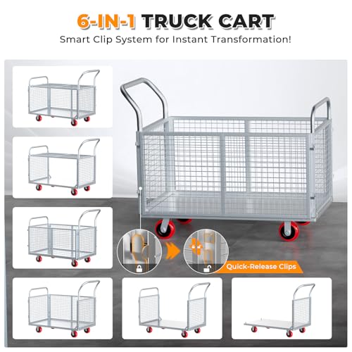 2IN1 Steel Panel Cart Dolly – Heavy Duty Drywall Lumber Truck Cart with 3000 LBS Capacity, 44 x 28 Inch 2.2MM Steel Plate, 6" Swivel Brake Wheels, 1 Front & 3 Side Handrails (X Large with Cage) - size: Silver | XX-Large