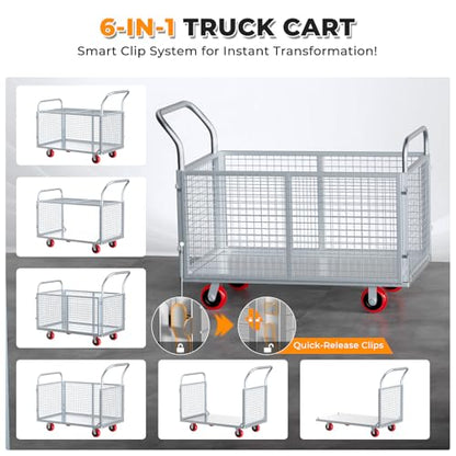 2IN1 Steel Panel Cart Dolly – Heavy Duty Drywall Lumber Truck Cart with 3000 LBS Capacity, 44 x 28 Inch 2.2MM Steel Plate, 6" Swivel Brake Wheels, 1 Front & 3 Side Handrails (X Large with Cage) - size: Silver | XX-Large
