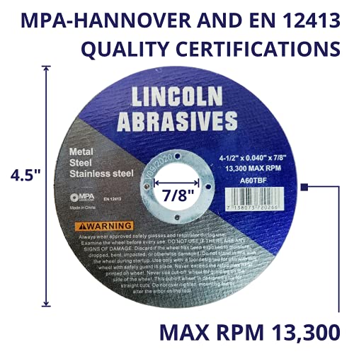 200 Pack 4.5" Cut-Off Wheels Lincoln Abrasives .040" Metal & Stainless Steel - style: 4.5" x .040"