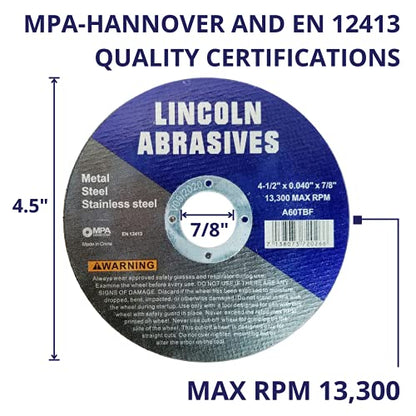 200 Pack 4.5" Cut-Off Wheels Lincoln Abrasives .040" Metal & Stainless Steel - style: 4.5" x .040"